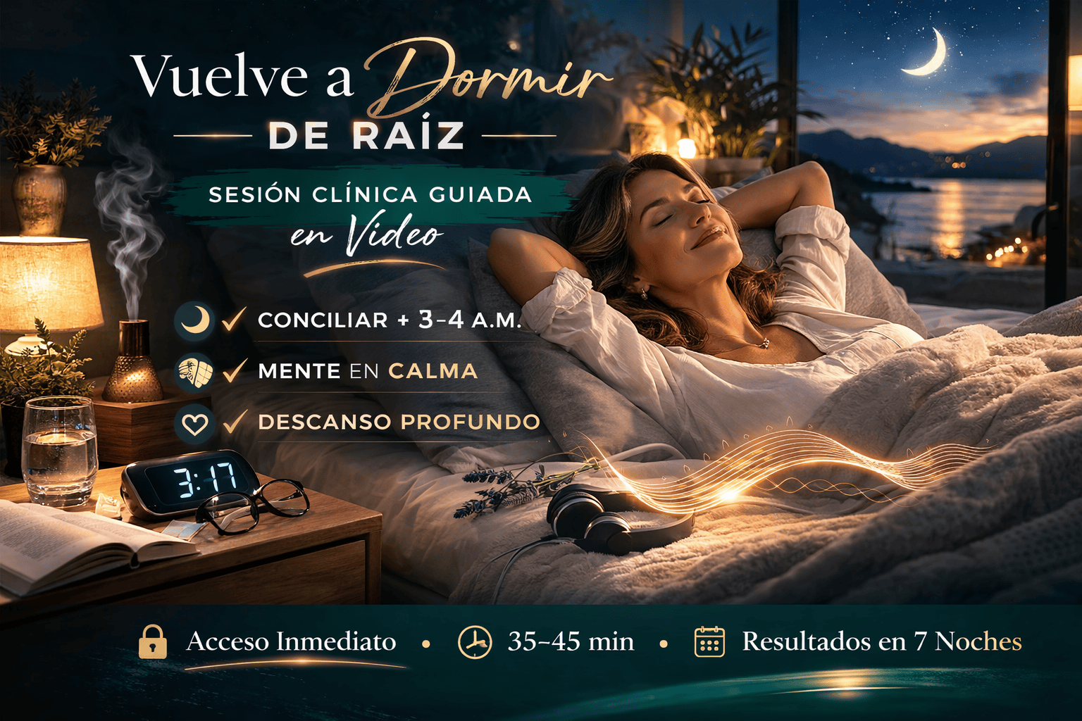 Mujer descansando en dormitorio nocturno tras sesión clínica guiada para insomnio con despertares 3–4 a.m.