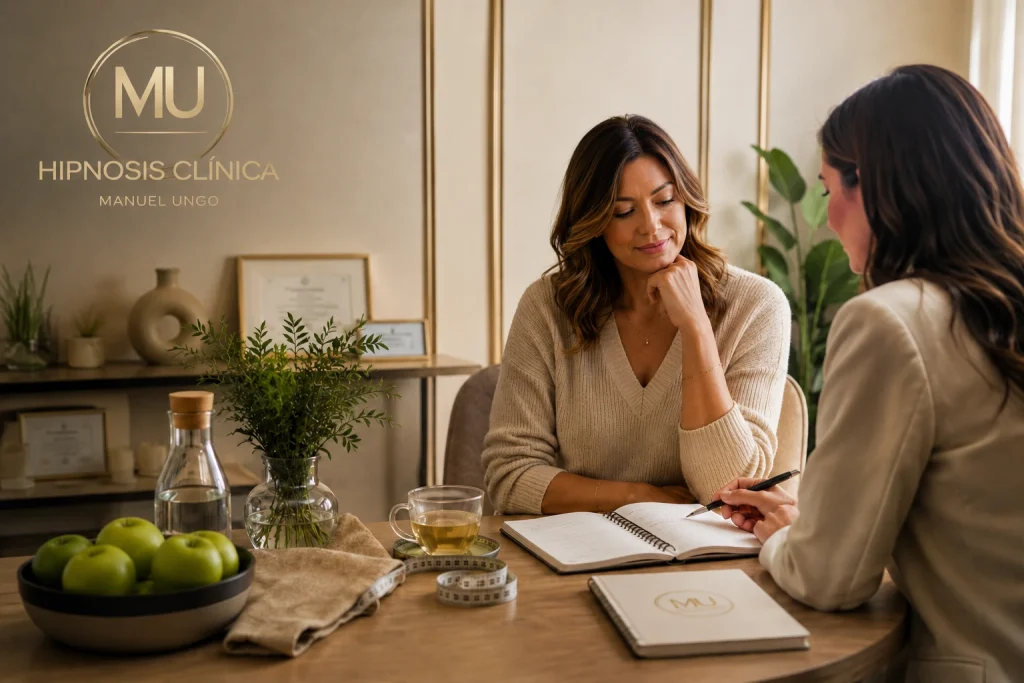 Consulta terapéutica para pérdida de peso con Método CAUMA en Clínica VIU, con paciente y profesional en un entorno clínico cálido