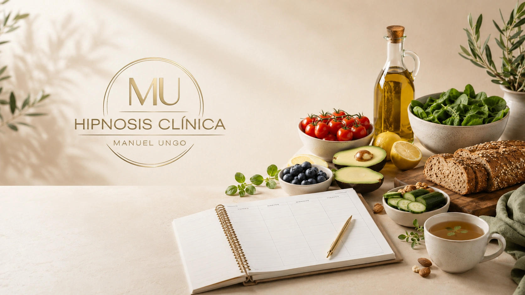 Planificador mediterráneo de alimentación saludable con alimentos de dieta mediterránea y logo de Hipnosis Clínica Manuel Ungo