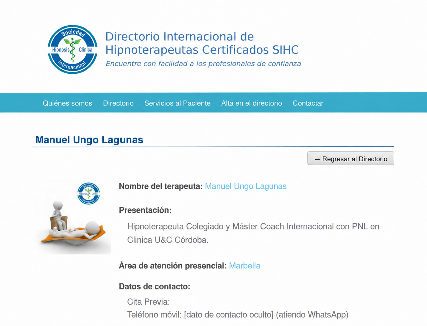 Captura recortada de la ficha de Hipnosis.org con el nombre de Manuel Ungo y referencia a Clínica U&C Córdoba; teléfono oculto.