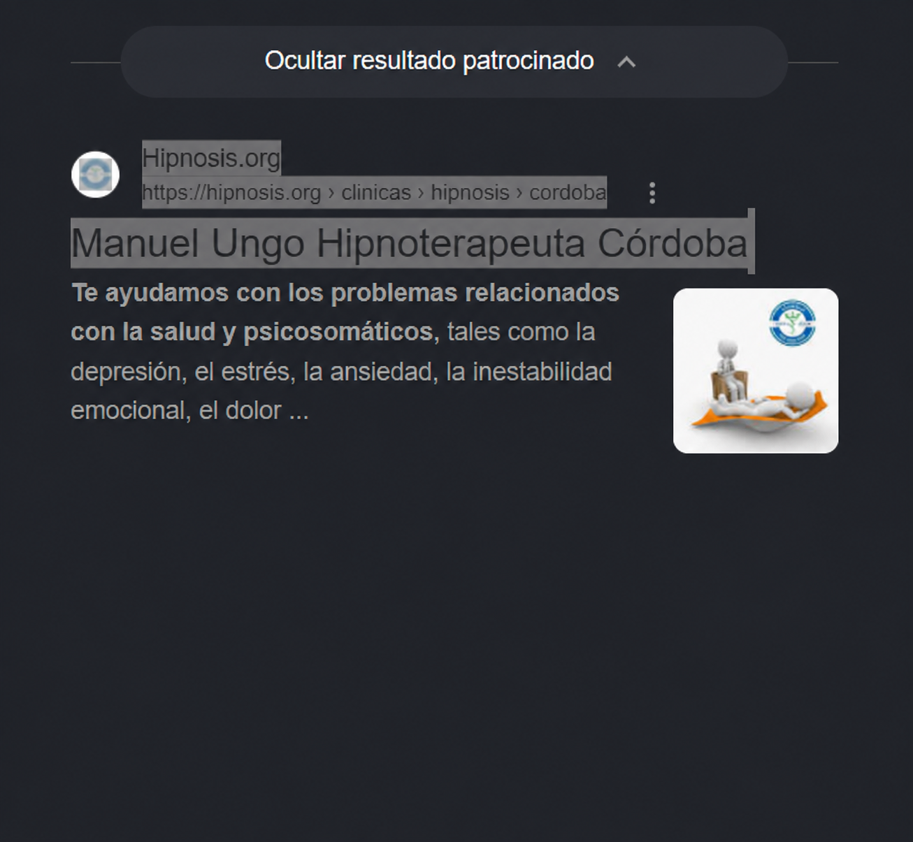 Captura editada del resultado de Google que muestra la ficha de Hipnosis.org titulada «Manuel Ungo Hipnoterapeuta Córdoba».